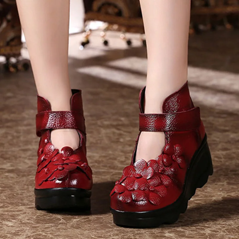 

TIMETANG Brand Spring Ankle Boots with Flat Genuine Leather Shoes Female Increase Boots Handmade Flowers Soft Bottom Mother Boot