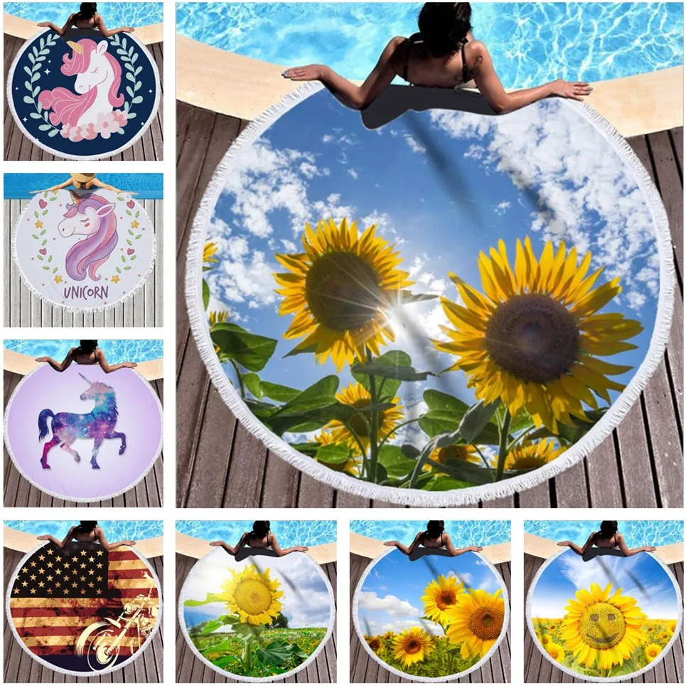 

Полотенце для пляжа путешествий с кисточкой Подсолнух единорог Печать круглое плавательное банное полотенце для взрослых Спорт Пикник йог...