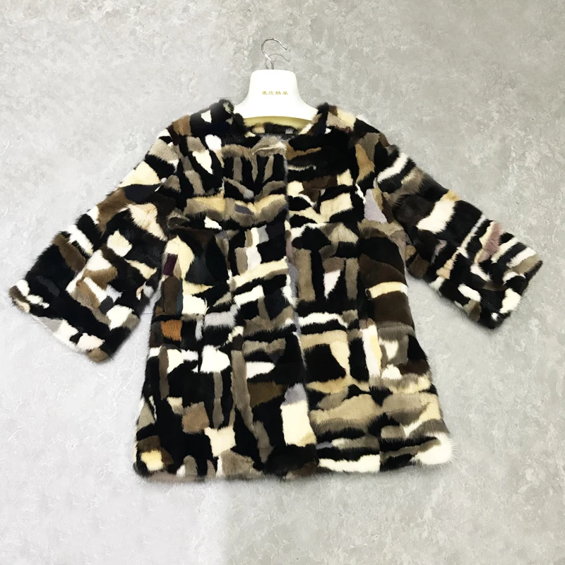 Смешанные в стиле пэчворк Цвет: коричневый серый 100% натуральный мех норки пальто