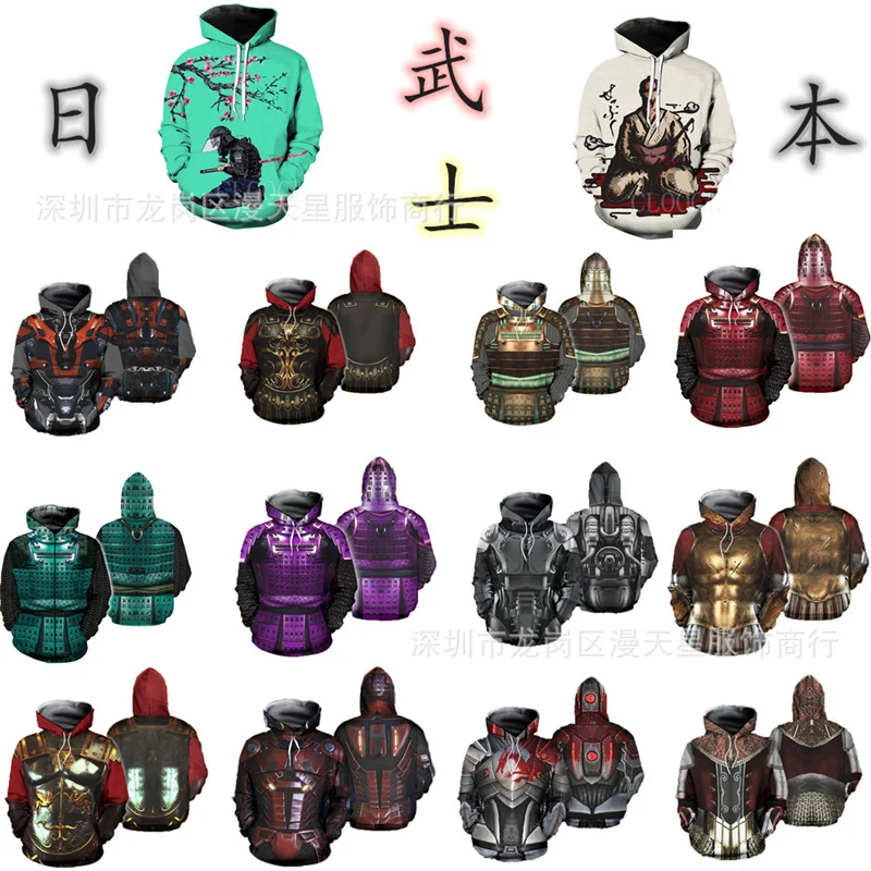 

Худи унисекс Harajuku, с 3D-принтом в виде доспехов самурая, повседневная куртка, пуловер