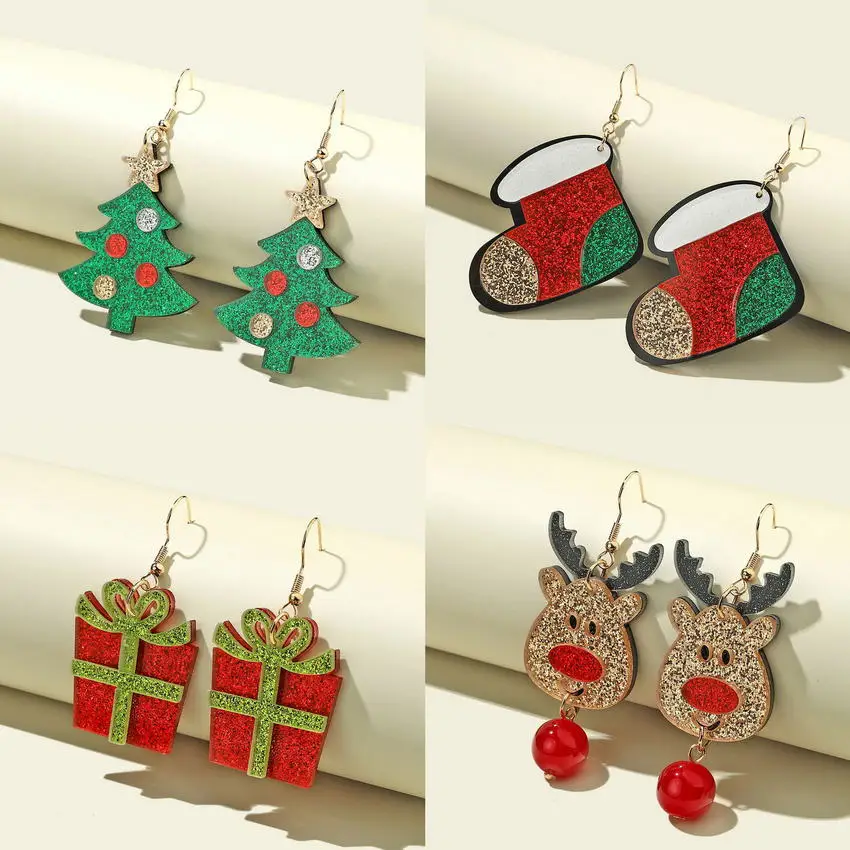 

2021 Newest Christmas Earrings for Women Creative Glitter Acrylic Christmas Hat Tree Santa Ride Drop Earrings Jewelry Wholesale
