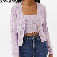 xnwmnz za women button through crop pointelle embroider knit cardigan open stitch knit cardigans