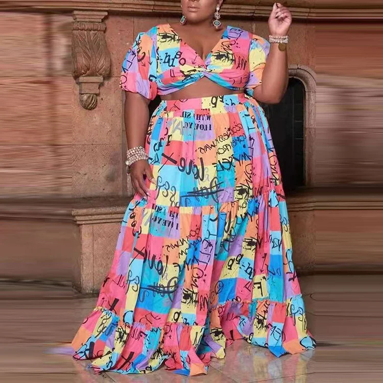 9907 large women's art dress set printed swing skirt V-neck high waist short sleeve two piece set