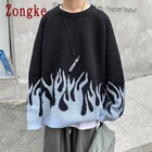 Вязаный свитер Zongke с принтом пламени, Мужская одежда, свитера в стиле Харадзюку, пуловеры, мужской свитер, модная мужская одежда, модель 2022 года