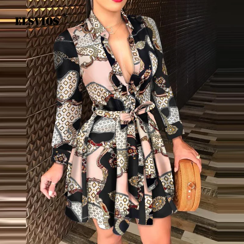 

Женское платье с длинным рукавом, V-образным вырезом и принтом