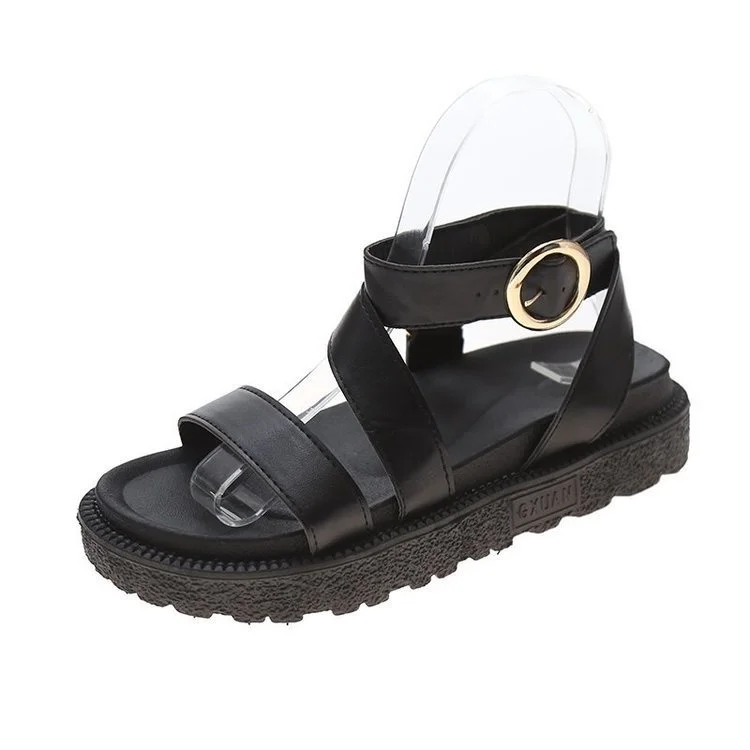 

Women's sandals 2021 summer Hong Kong Style Black student button thick soled Roman shoes
