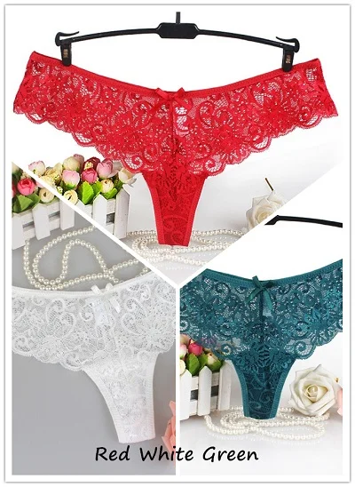 green red white Новое поступление, 3 шт, сексуальные кружевные женские стринги и стринги, трусики с низкой посадкой, прозрачные хлопковые трусы для женщин, трусы, нижнее белье - Цвет: green red white