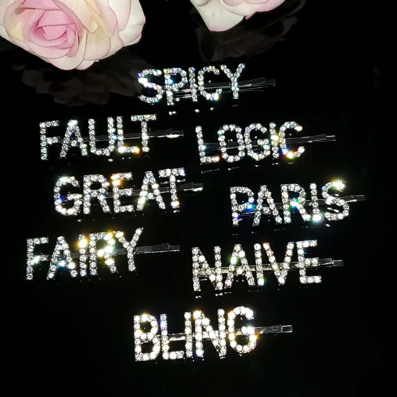 

Rhinestone Word Hairclips "FAULT,LOGIC,GREAT,PARIS,FAIRY,SPICY,NAIVE,BLING" Crytal Letters Hairgrips Unique Bobby Pins WHOLESALE