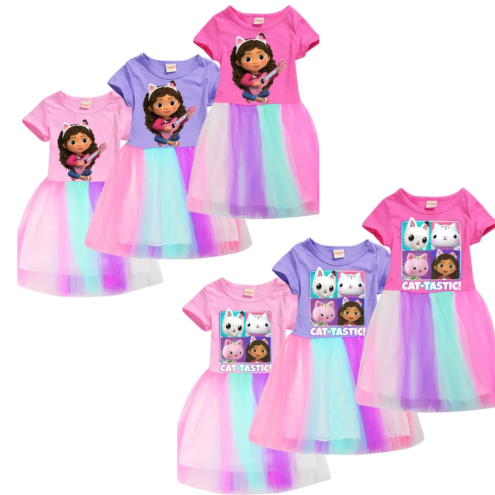 

2021 летняя футболка для девочек с изображением кукольного домика Габби + лоскутное платье из газовой ткани с рисунком для девочек, повседнев...