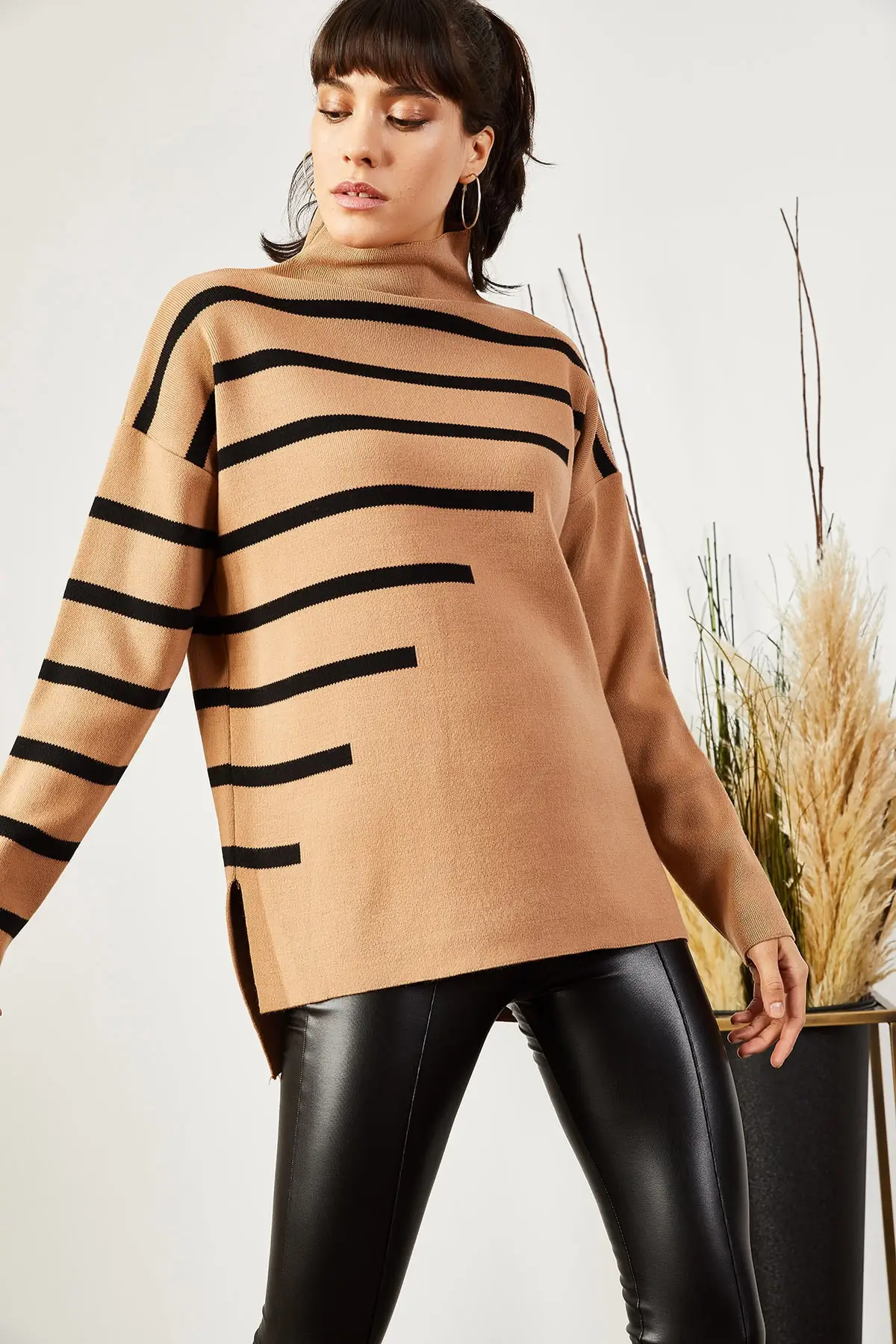 Women's Milk Tea Neck Sweater Asymmetric Striped Sweater Others Women Sweater 2021