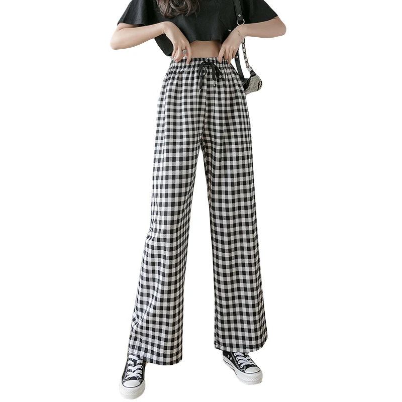 

Women Wide Leg Pant Fashion Female Casual Pant Cotton and Line Plaid Pants Elastic Waist Loose Trousers 2020 Spring Summer