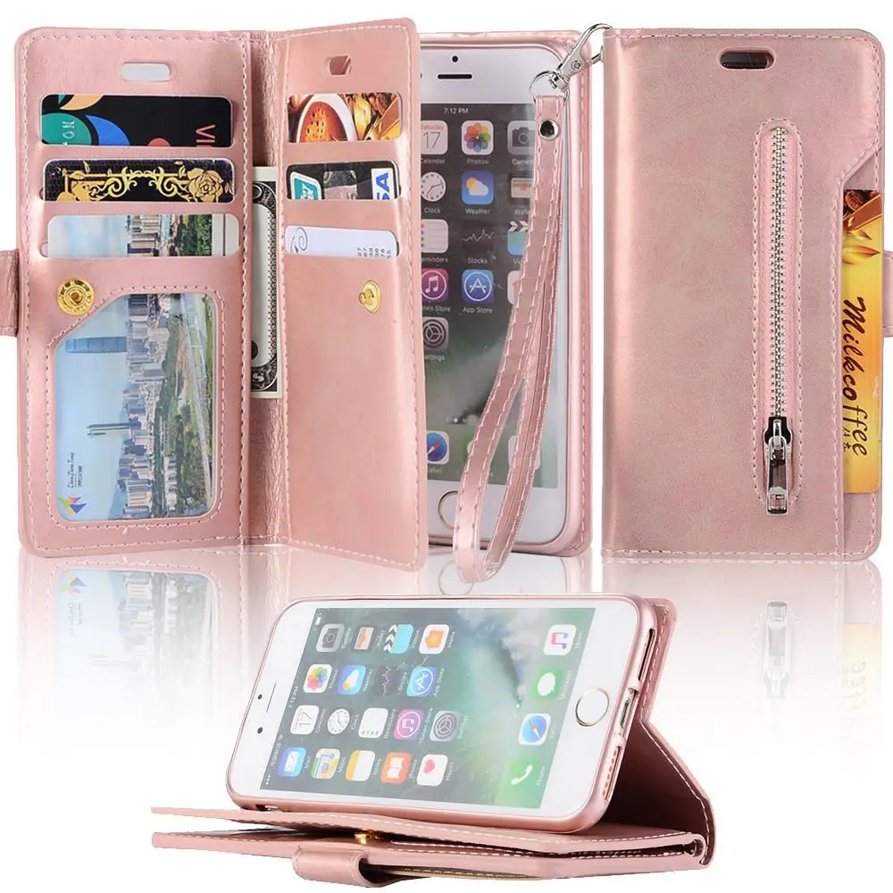 Rose gold L-FADNUT для iPhone X, Xr, Xs, 11 Pro, Max, 8, 7, 6 S, 6 Plus, 5, 5S, SE, кошелек на молнии, чехол для телефона, флип, подставка, держатель, кожаные чехлы - Цвет: Rose gold