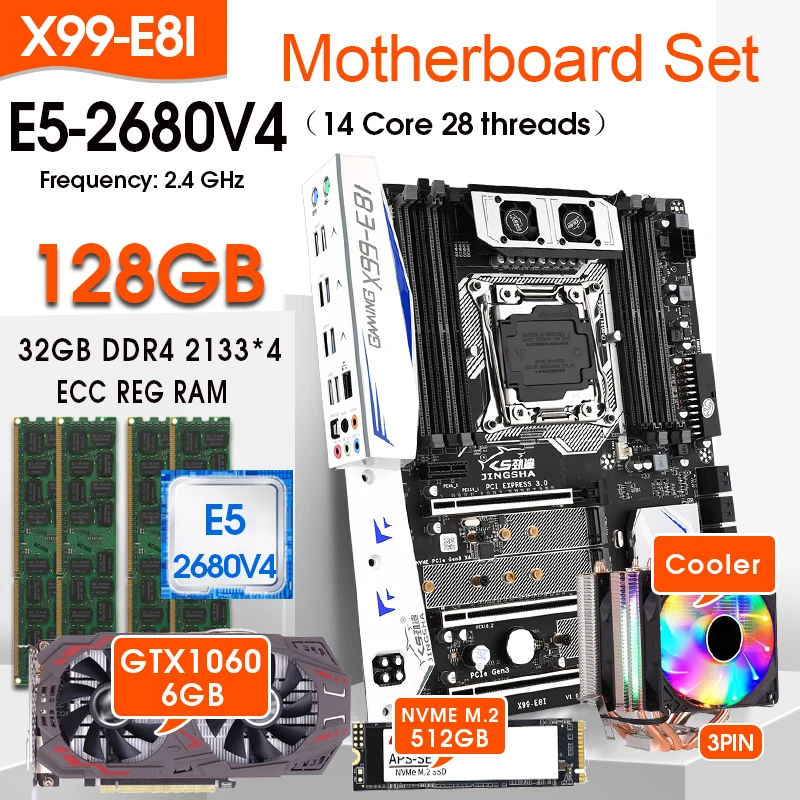 

X99-E8I Motherboard combos LGA2011-3 E5 2680V4 Processor 4pcs 32GB 2133=128GB ECC Memory 512GB M.2 SSD GTX1060 6GB +Cooler