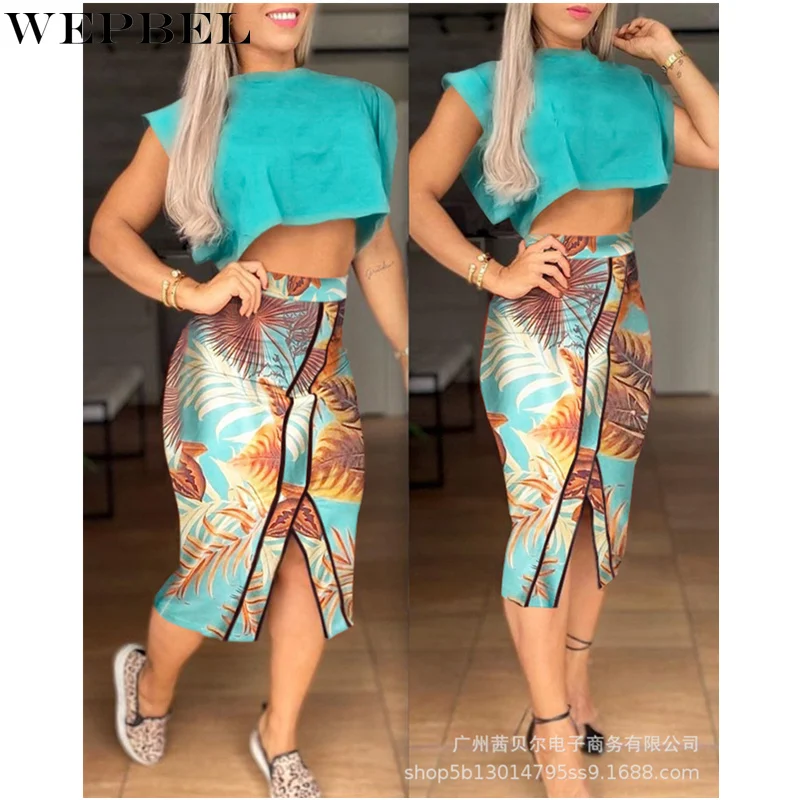 

WEPBEL Women Elegant Outfits Skirt Set Ladies Summer Crop Top + High Waist Print Slit Skirt Two Piece Set Streetwear