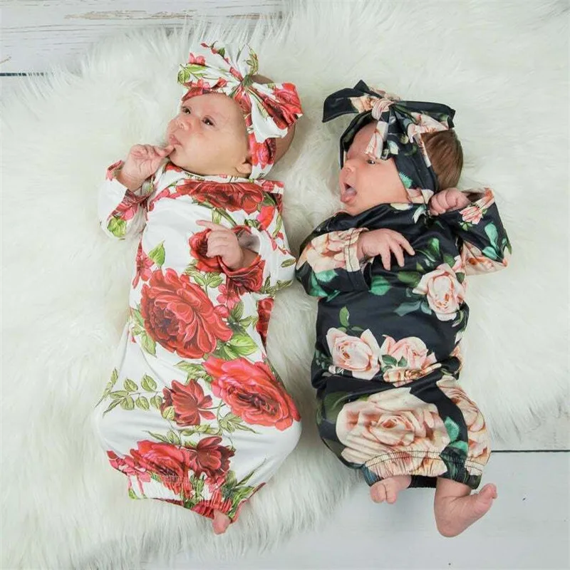 

Цветочные спальные мешки для новорожденных, повязка на голову, Одежда для младенцев, одеяло, Пеленальное платье, комплект из 2 предметов