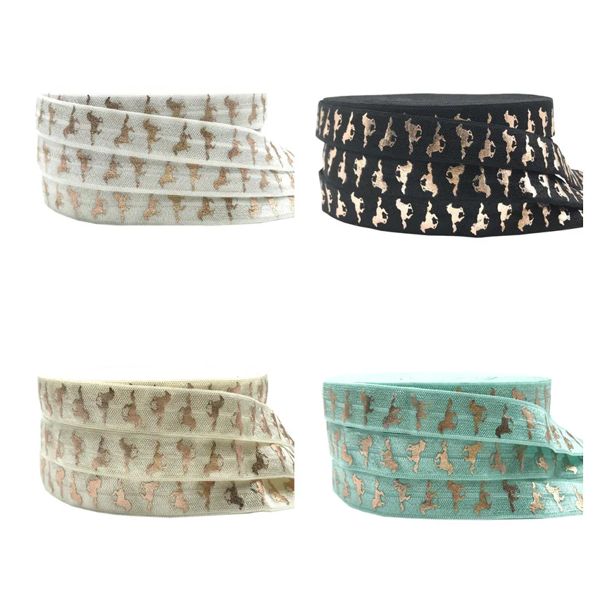 

50Y Rose Gold Foil Horse Print Fold Over Elastic 5/8" FOE Animal Elastic Ribbon For DIY Wedding Hair Tie Accessories Wholesale