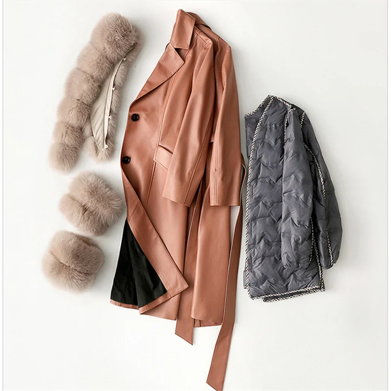 

Jacket 2021 New To Down Overcome Fox Fur Grass Coat Female High Quality Cowhide Leather Leather Women's Long Coat