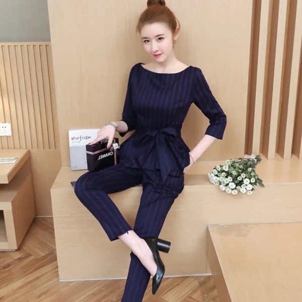 Женский офисный комплект из двух предметов в синюю полоску топы с длинными