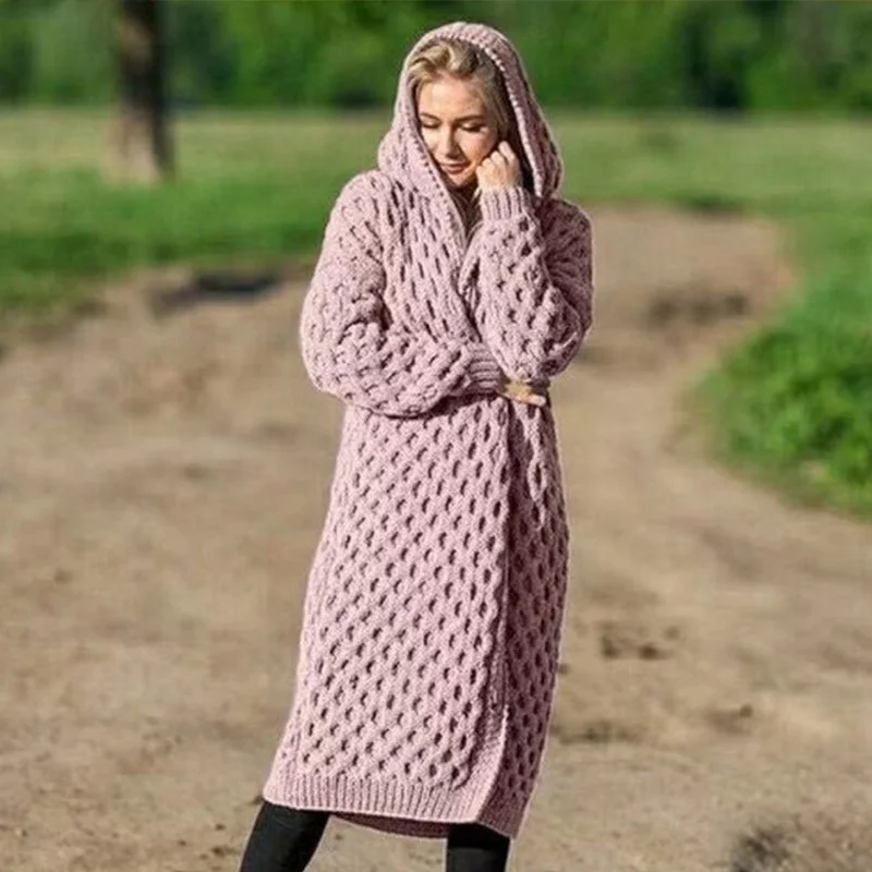 Плюс размер 5XL с капюшоном, вязаный кардиган для женщин, скрученный вязаный женский длинный кардиган, Осень-зима, свитера, пальто для женщин