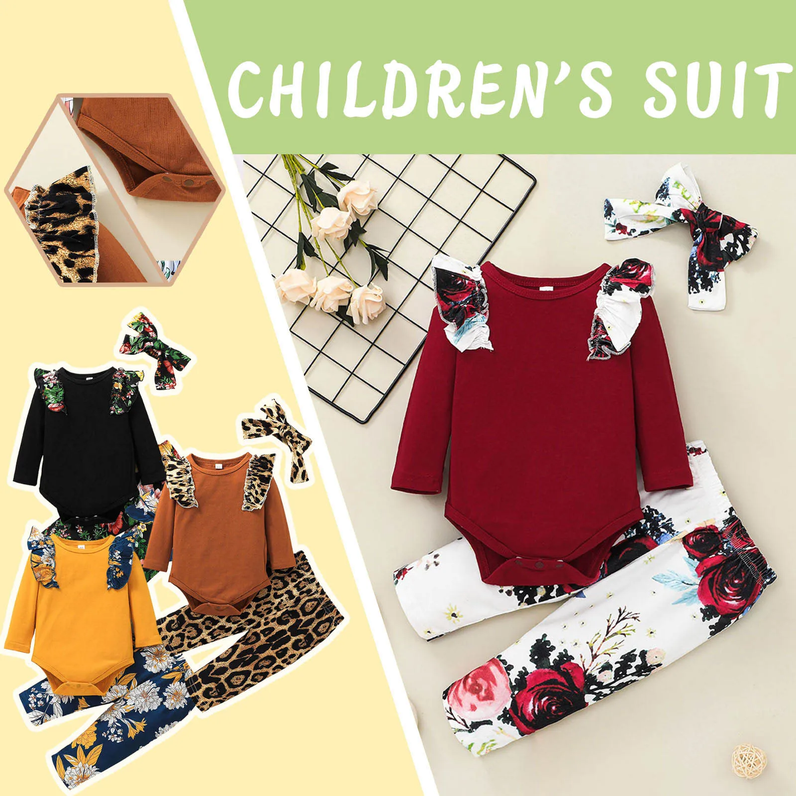 

Fashion Solid Clothing for girls O-Neck Long Sleeve baby girl clothes set floral print Trousers детская одежда девочки E1