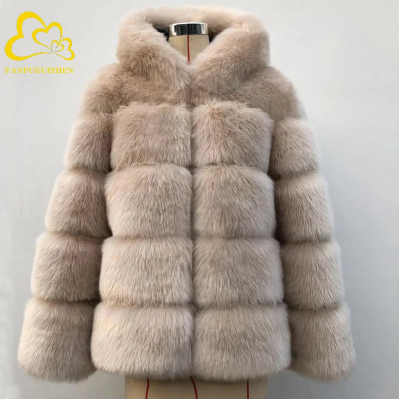 Plus Size S-3XL Winter Faux Fur Coat New Fashion Overcoat Woman Hooded Thicken Pure Color Loose Imitation Fox Fur Jackets