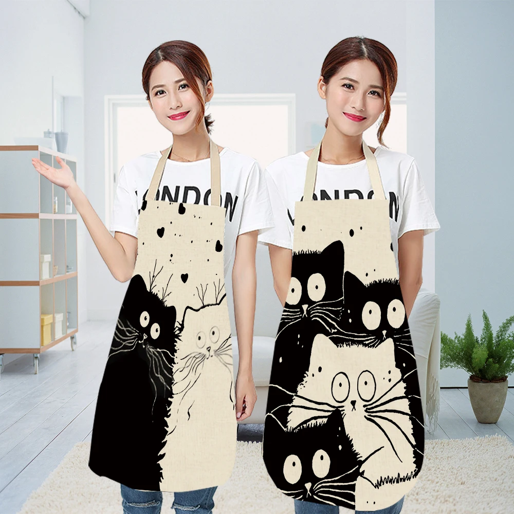 

New Style Cartoon Cute Cat Animal Printing Kitchen Aprons Unisex Dinner Party Cooking Cotton Linen Cleaning Apron Customizable