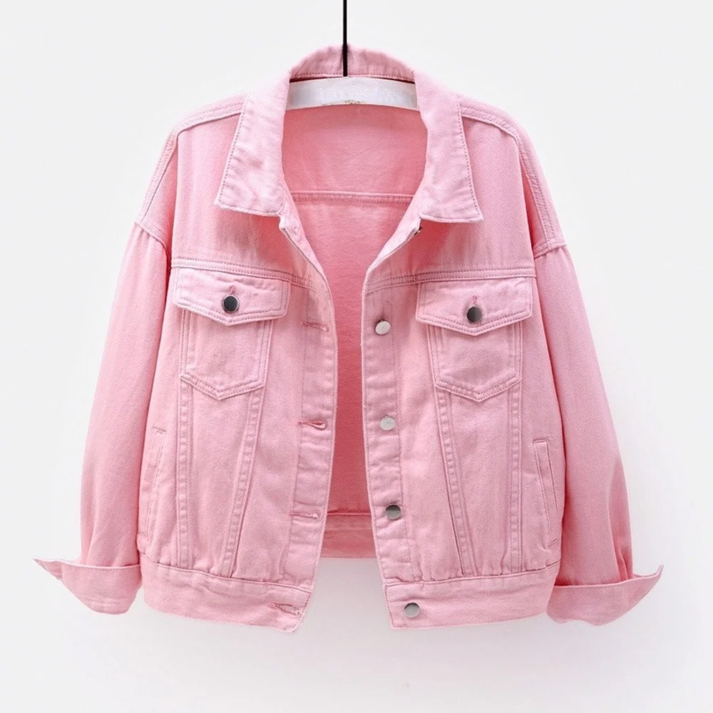 

2021 Pink Denim Jackets Korean Short Style Bf Jeans Coat Single Breasted Long Sleeve Outerwear Spring Autumn Solid Denim Jacket