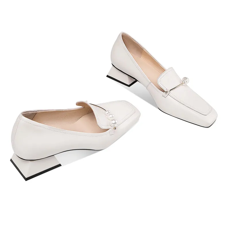 

Meotina Square Toe Women Pumps Genuine Leather Mid Heel Shoes String Bead Dress Footwear Ladies Chunky Heels Shoes Spring 41 42