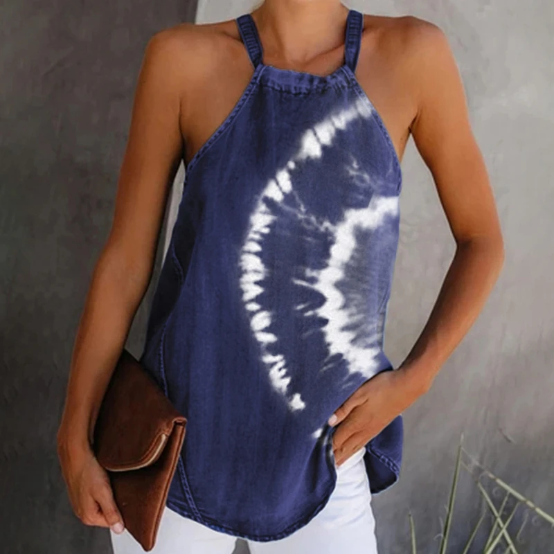 

Womens Summer Tie Dye Tank Halter Neck Bandage Sexy Vest Long Camisole Sleeveless Imitation Denim Women Blouse Tops T-Shirts