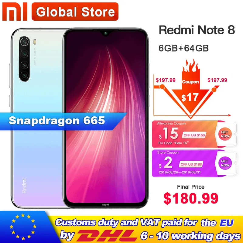 Оригинальный Xiaomi Redmi Note 8 6GB 64GB Snapdragon 665 Octa Core 4000mAh смартфон 48MP Quad задняя камера