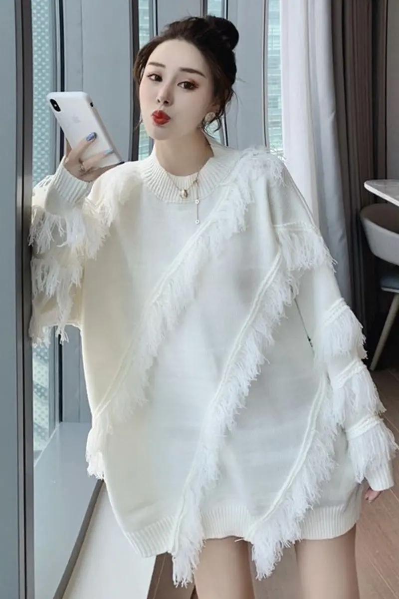

Autumn 2020 New Long Sleeve Loose Medium Length Tassel Knitwear Pullover Casual Versatile Sweater Top Women's Wear