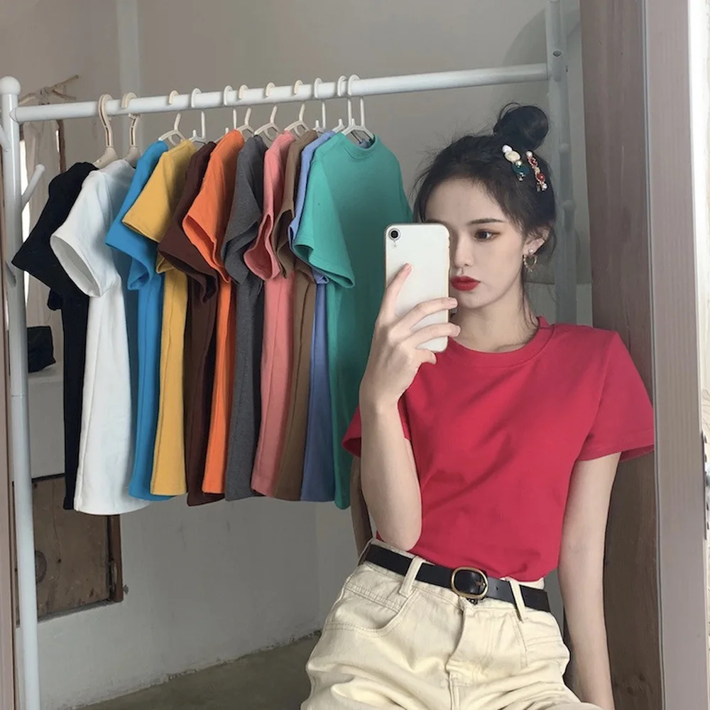 

Korean Version Candy Short-sleeved Tops Base Shirt Spring New Western Style T- Shirt Women 2020 Loose Casual O-neck Slim Fit