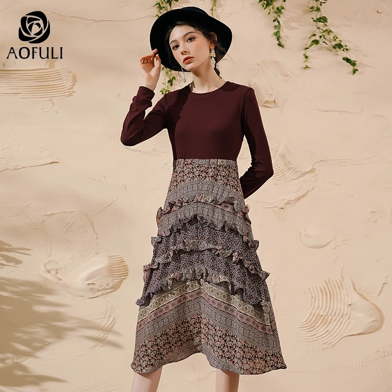 L ~ 4XL 5XL богемные стильные гофрированные миди платья новое осенне зимнее Бордовое