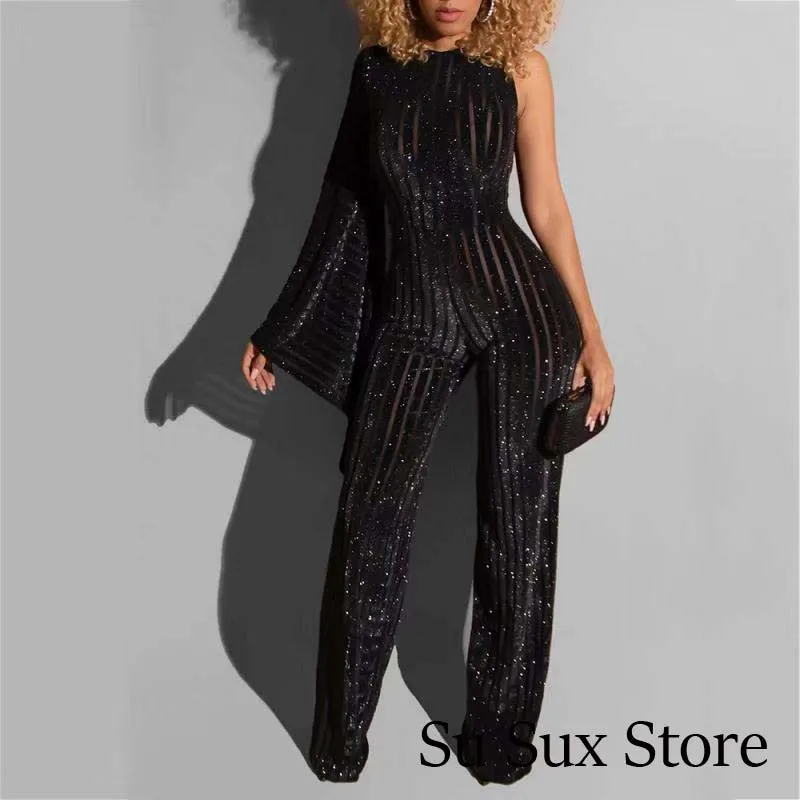 Sexy Jumpsuit Women Rompers Black Striped Sequined Bodycon Single Flare Sleeve High Waist Wide Leg Overalls Partyclub |