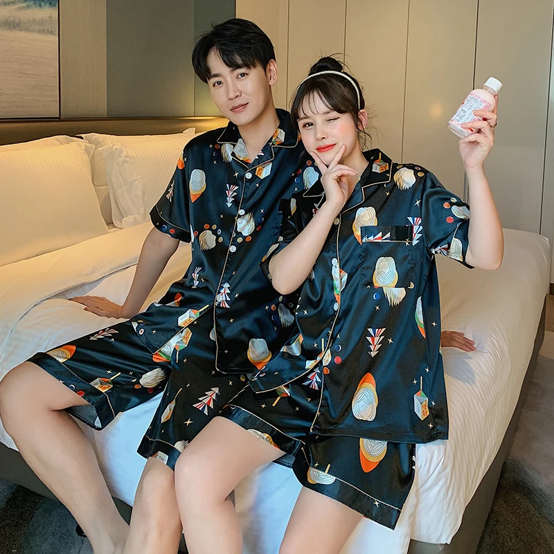 

Large size silk couple's pajamas set high quality women or men short sleeved pijama summer satin sleepwear Leisure pyjamas suit