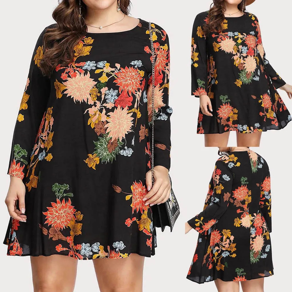 Модные женские мини платья повседневные большие размеры круглый вырез цветочный