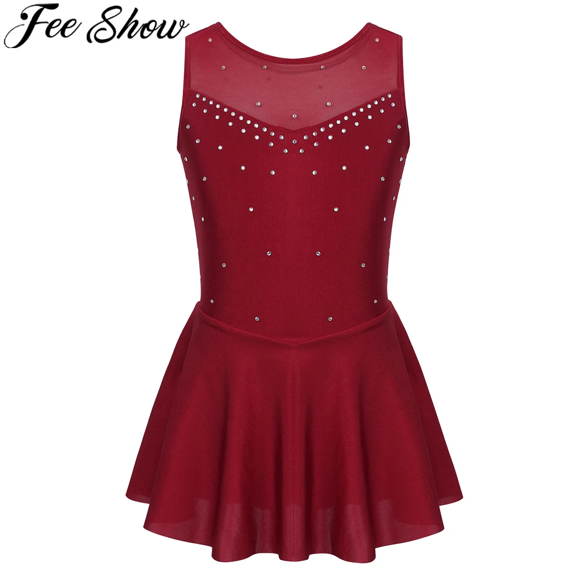 FEESHOW Kids Girls Ballet Dance Figure Ice Skating Roller Leotard Dress Costume Rhinestone Tulle Back Top Mimi Skirt | Детская одежда и