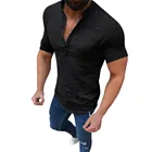 Рубашка Мужская льняная, Повседневная Свободная уличная блуза из хлопка, с V-образным вырезом, на пуговицах, с короткими рукавами, дышащая, однотонная, P1