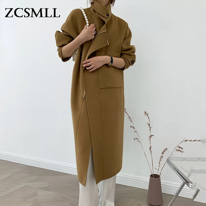 

ZCSMLL 2021 осенне-зимнее новое шерстяное пальто на молнии с воротником-стойкой, женская Свободная верхняя одежда с длинным рукавом, Женская мод...