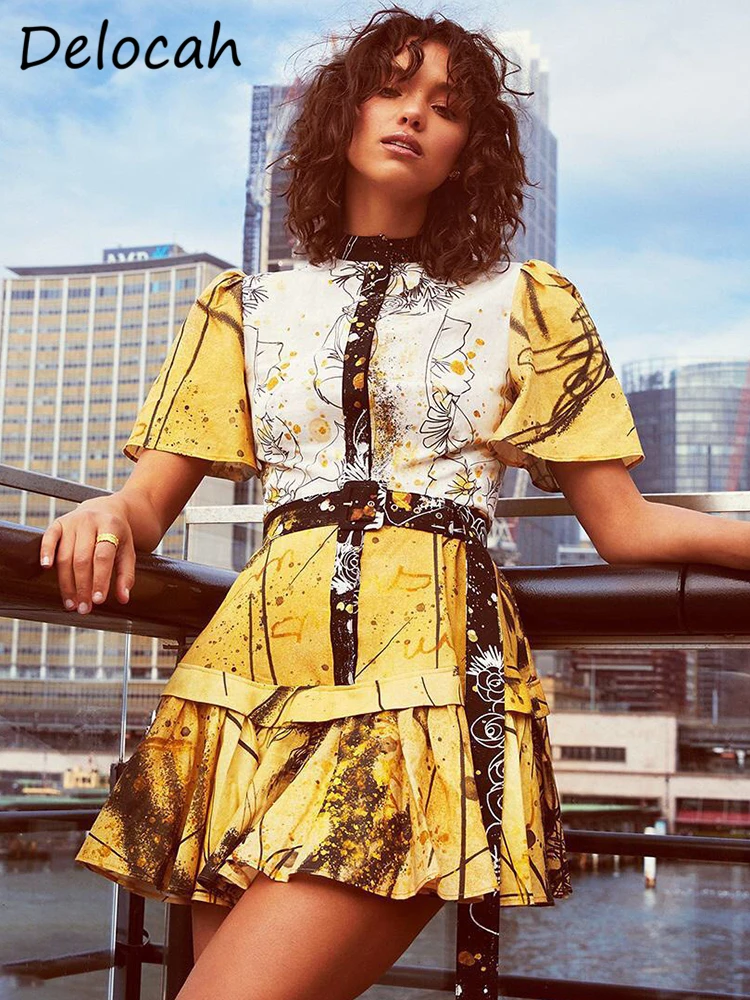 

Delocah New 2021 Autumn Women Fashion Designer Mini Dress Short Sleeve Sashes Ruffles Vintage Print Slim Ladies Dresses Vestidos