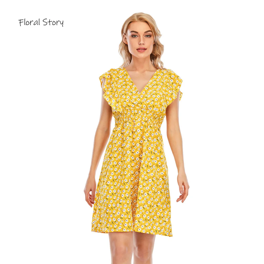 

FLORAL STORY Women Summer Dress 2021 Fashion V-Neck Flower Printed Elegant Short Dresses Female Boho Beach Holiday Mini Dress