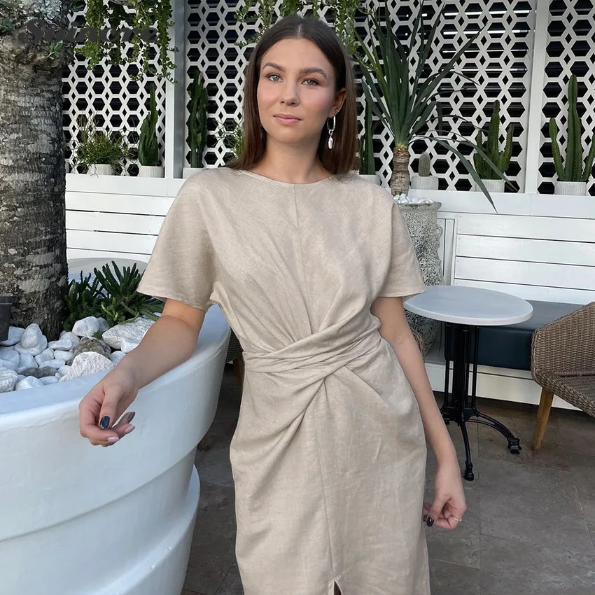 

Casual Dresses for Women 2021 Summer Fashion Square Collar Cotton Linen Khaki Waist Lace Up Straight Midi Dress French Retro