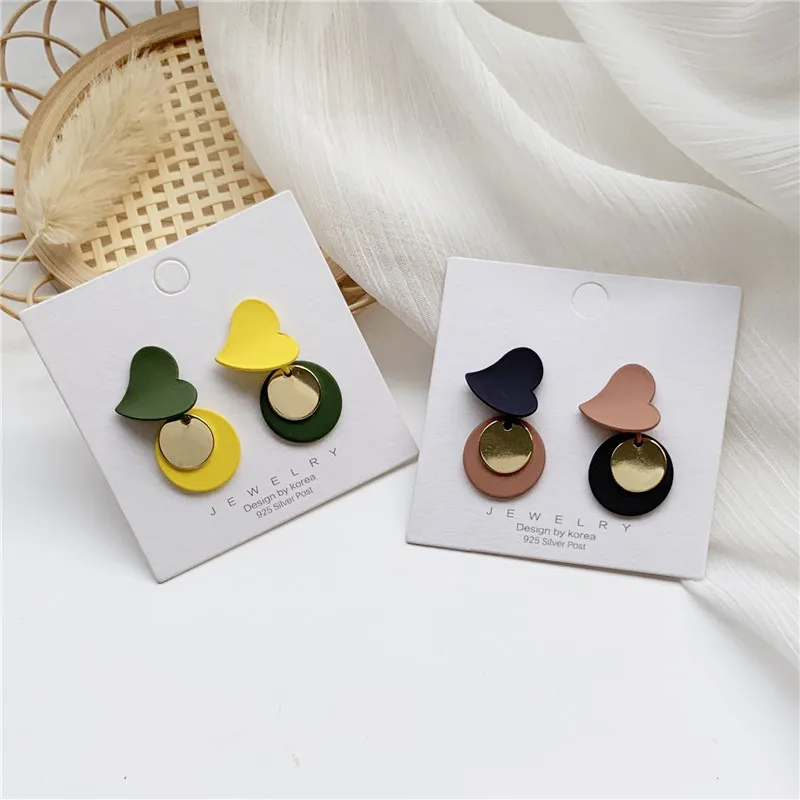 

S925 Needle Metal Geometry Heart-shaped Candy Color Earrings Retro Fashion Joker Stud Earrings Women Jewelry Gift Accessories