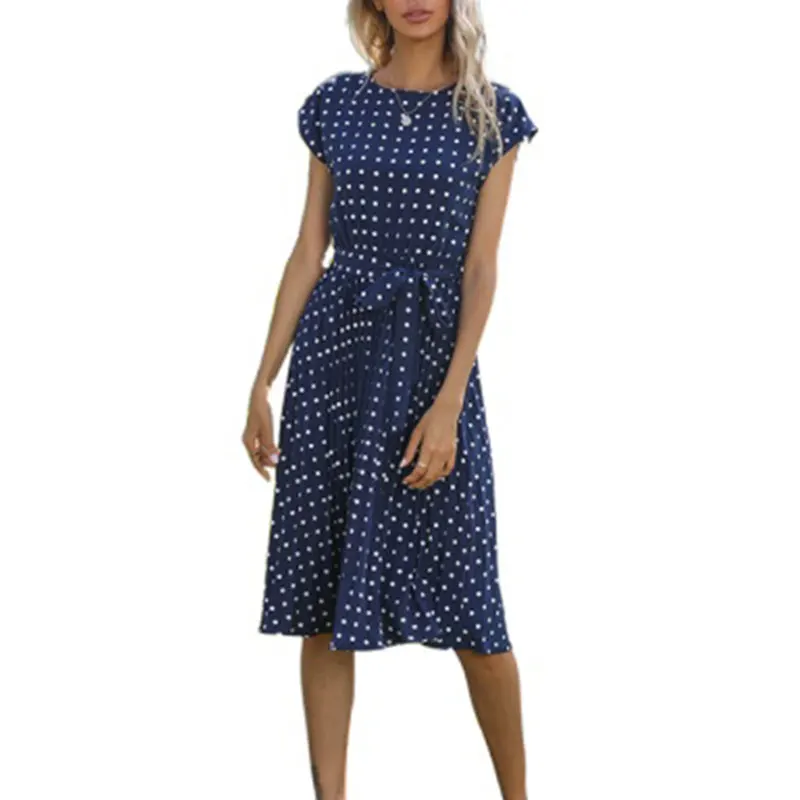 

Fashion Women's Lace-up Pleated Dress Summer Mid-length Polka-dot Round Neck Short-sleeved Skirt Elegant Ladies Party Dresses