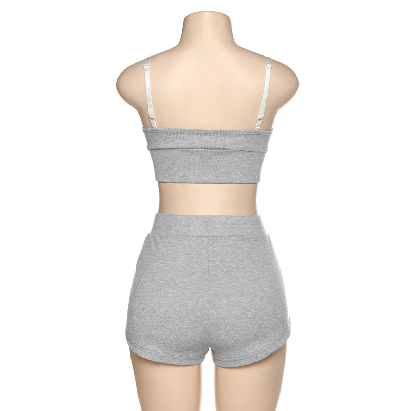 

Gray Casual sets two pieces soft fabric slim camisole high waist stretchy shorts home wear solid suits 2020 New Style