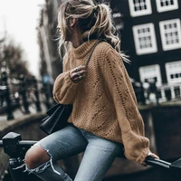 new autumn and winter womens sweater solid color round neck pullover long sleeve temperament hollow hole knit sweater women