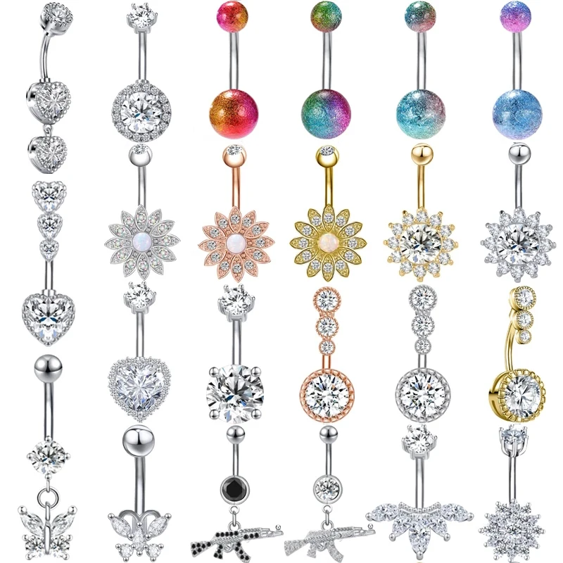 

AOEDEJ 14G Gun Flower Heart Navel Piercing Ring Glitter Crystal Belly Button Ring Women Crystal Body Piercing Jewelry Gift Girls