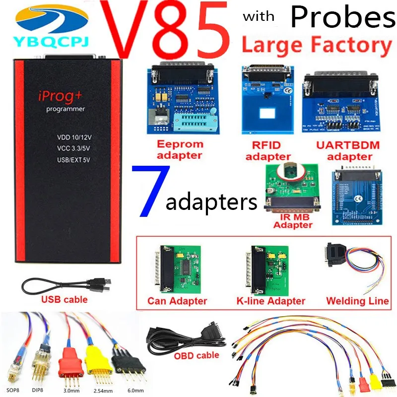 

Iprog+ Iprog V85 Pro Programmer with Probes Adapters for in-circuit ECU Support IMMO+Mileage Correction+Airbag Reset till 2019