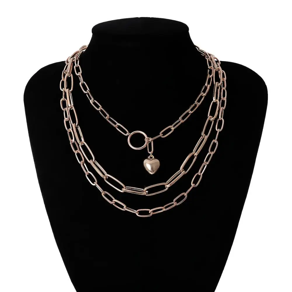 

High Quality Punk Cuban Heavy Metal Chain Necklace Steampunk Men Multilayer Love Heart Pendant Choker Necklace for Women Jewelry