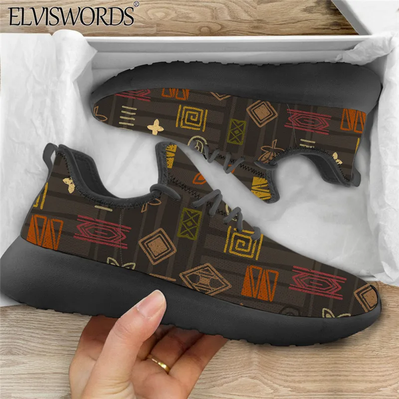 

ELVISWORDS Women High Quality Vulcanized Shoes Vintage African Tribal Print Mesh Knitting Sneaker Breathable Lace-up Casual Shoe
